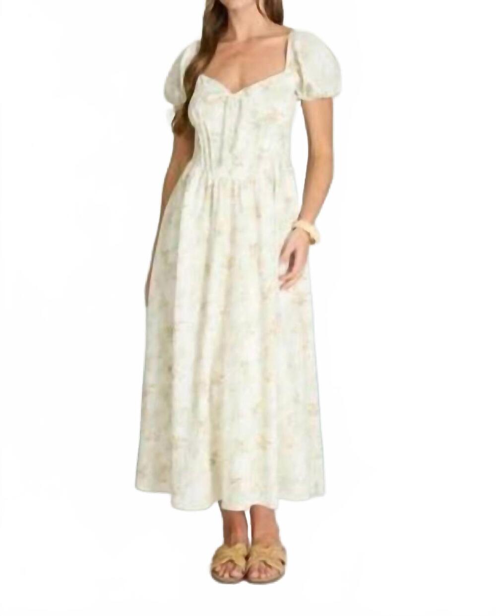 NEW BLU PEPPER floral sweetheart puff sleeve corset midi dress in light olive mu